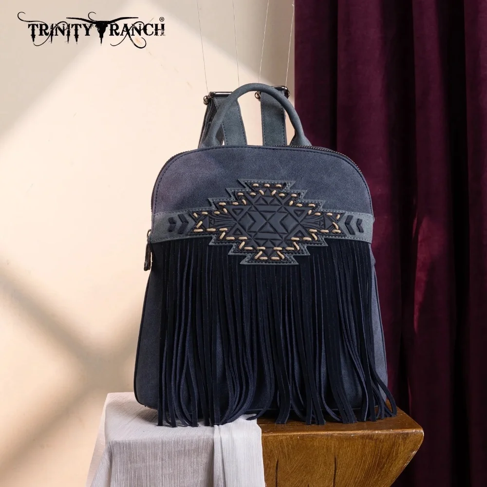 Trinity Ranch Aztec Tooled Fringe Concealed Carry Backpack Navy